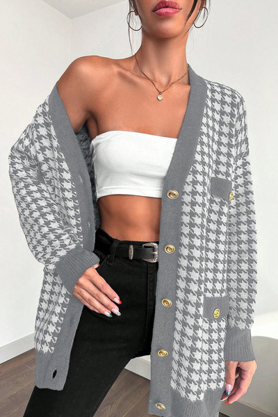 H&E LUXURY DESIGN Women's Stylish Houndstooth Pattern Soft Textured Oversize Buttoned Cardigan