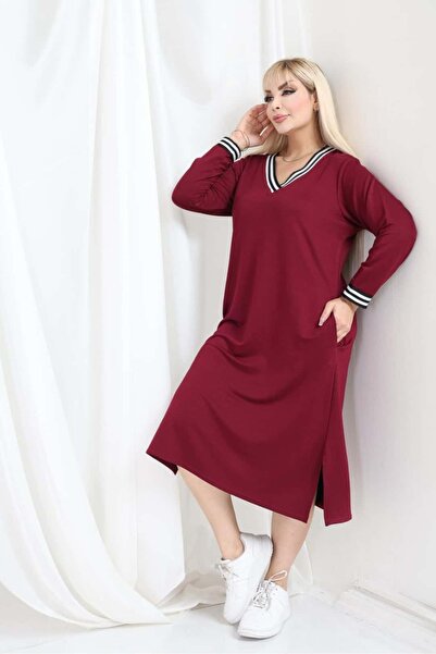 tarzımsüper Women's Plus Size Hijab V-Neck Long Sleeve Comfort Model Dress