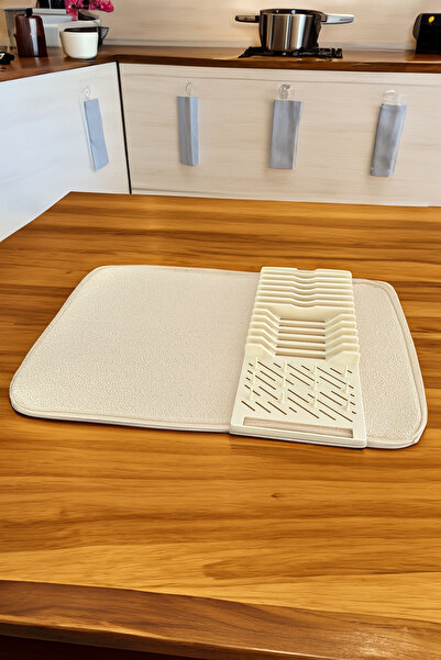 BeeQuin Krem Bulaşık Matı Mikrofiber Tezgah Üstü Örtü Kurulama Kurutma Bezi 36x60cm