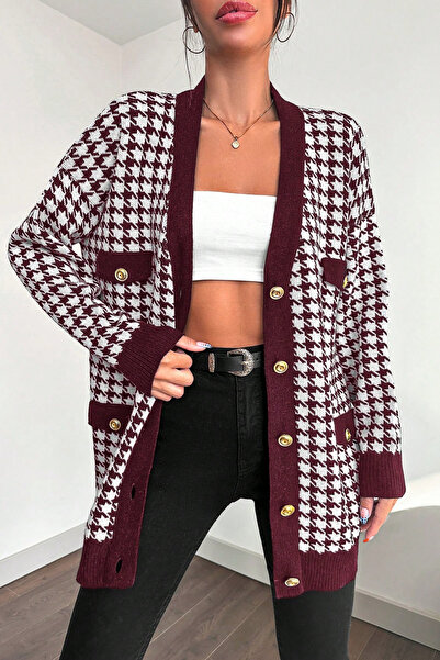 H&E LUXURY DESIGN Women's Stylish Houndstooth Pattern Soft Textured Oversize Buttoned Cardigan