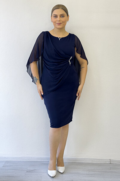 the ZKS Women's Plus Size Midi Length Chiffon Cape Evening Dress Navy Blue, Burgundy, Saks, Black