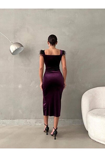 Modafeminen Otriş Λεπτομερές Φόρεμα Κοτλέ με Τετράγωνο Γιακά 582248 ΜΩΒ