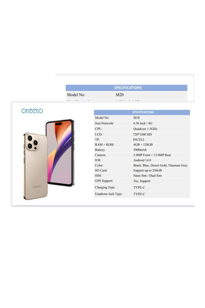 OTEETO M10 Smartphone Gold, 6.56" HD Display, 4GB RAM + 128GB, 5000mAh, 13MP Camera, Dual SIM