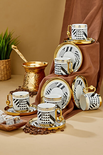 Le Paon 6’lı 90 ml Porselen Altın Siyah Desenli Kahve Fincan Takımı – Şık ve ...