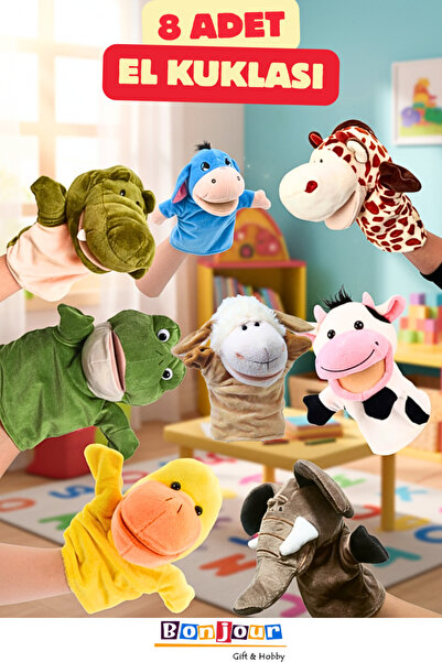 Bonjour Gift & Hobby 8 Adet Hayvan Karakterli Eğitici ve Eğlenceli Peluş Kukl...
