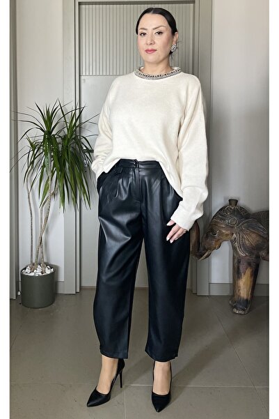 Butik Didem Sakinci Paçası Düğme Detaylı Havuç Model Deri Pantolon