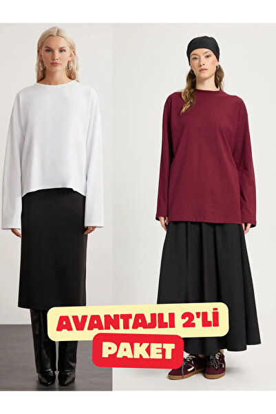 dgs look 2'Li basic Femei bumbac 100% guler rotund supradimensionat Fit Manecă lungă Alb-Burgundy tricou