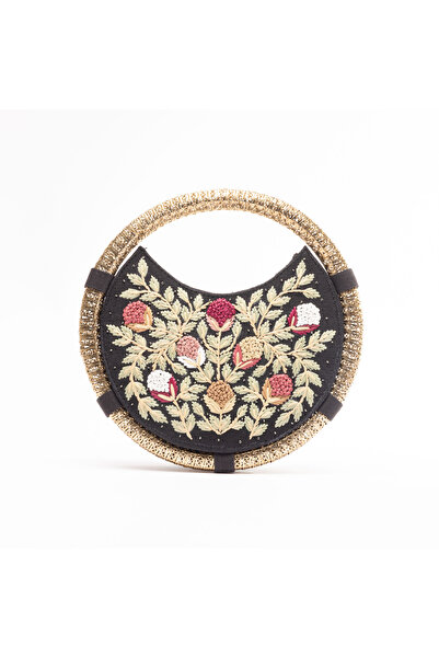 crystalicious Fizza Handmade Nature Embroidered Design Bracelet Ring Casual & Evening Party Beige Circular Bag