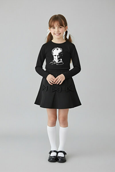 FATELLA Girl's Black Long Sleeve Ataturk T-Shirt Black Bow Skirt October 29 A...