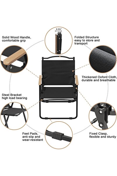 AutoFamily AUTO FAMILY Foldable Camping Chair with Cup Holder Black, Outdoor Portable Foldable Chair