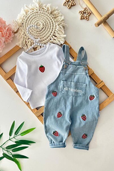 Minigimin Cicileri Miniğimin Cicileri Çilek Baskılı Kız Bebek Kot Salopetli T...