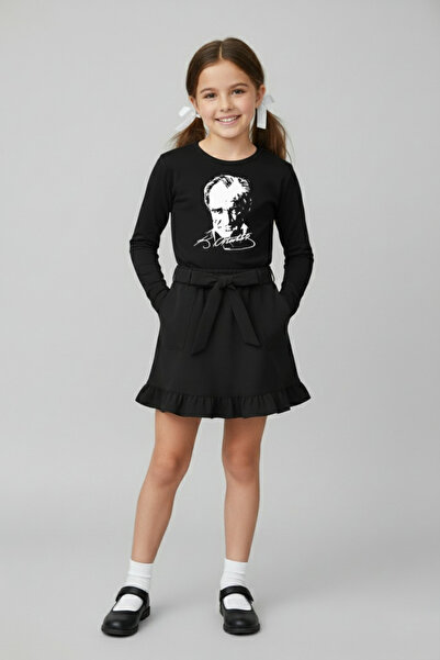 FATELLA Girl's Black Long Sleeve Ataturk T-Shirt Black Ruffled Skirt October ...