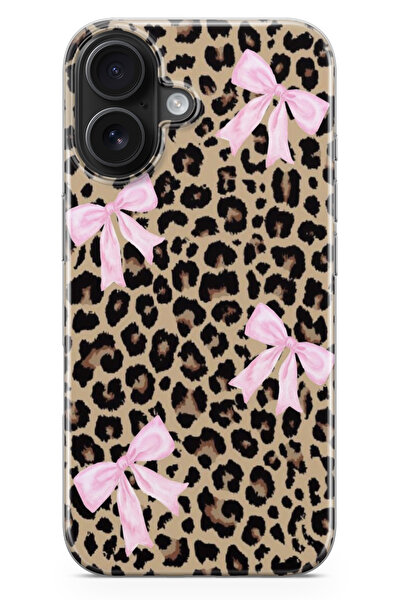 moonset Iphone 17 Uyumlu Leopar ve Fiyonk Tasarımlı Baskılı Şeffaf Telefon Kı...