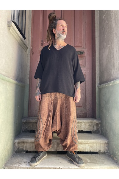 Bohoyasam Unisex Bohem Nepal Şalvar Pantolon – Salaş Taşlanmış Kumaş, Aum Desenli, Bol Pantolon