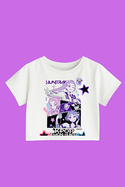 MECH BUTİK K-Pop Demon Hunters Huntrix Crop Top s potiskem, úzký střih