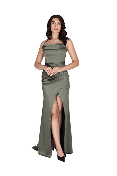 b&ççizgi Taş Askılı Drapeli Saten Abiye