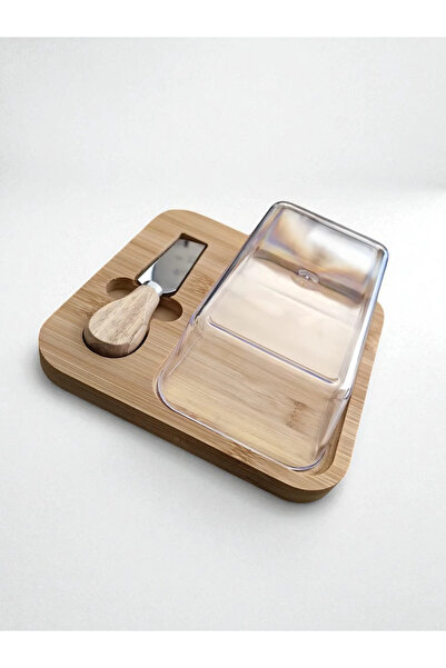 MyBru Doğal Bambu Bıçaklı Peynir ve Tereyağ Servis Sunum Tabağı Plastik Kapaklı Set 3 Parça 18x18 Cm