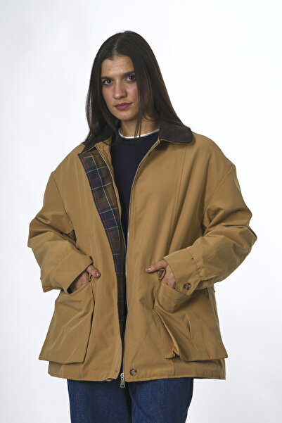 ABBRA Kadın Kadife Yakalı Ekose Astarlı Trenç