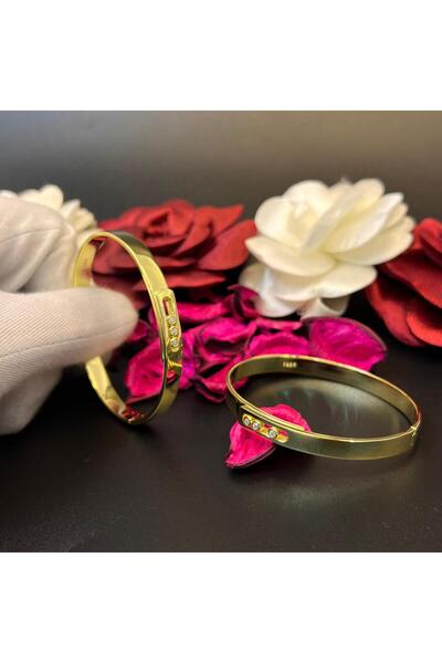 Victoria Altın Kaplama Zirkon Taşlı Unisex Kelepçe Çift Modeli 925 Ayar Gümüş