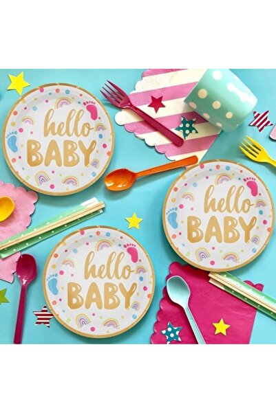 ANTBRO Farfurii de carton pentru petrecere baby shower „Hello Baby” albe cu folie aurie – 23 cm, set de 6