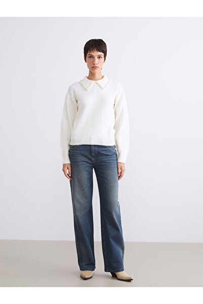 LC Waikiki Pulover tricot pentru femei LCW Vision, bej, cu guler polo, brodat cu margele