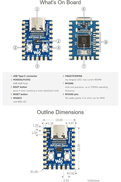 WaveShare RP2040-Zero لوحة MCU منخفضة التكلفة وعالية الأداء تشبه Pico، تعتمد على Raspberry Pi Microcon