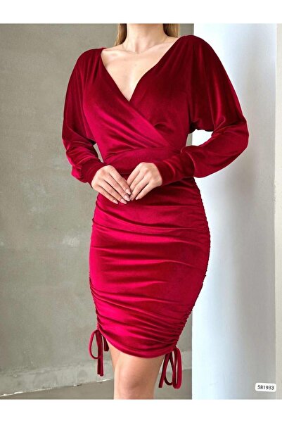 Modafeminen Drapeli Double Breasted Collar Mini Length Velvet Fabric Evening Dress 581933 Red