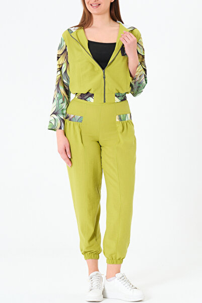 Qlees Fashion Kadın Keten Eşofman Takımı Fermuarlı Kapüşonlu Spor Şık Günlük Rahat Yeşil Takım