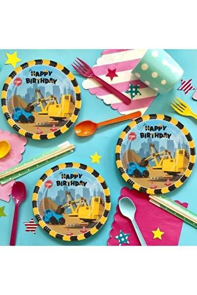 ANTBRO Party Plates from Blue and Yellow Cardboard with Construction Vehicles 'Happy Birthday'
