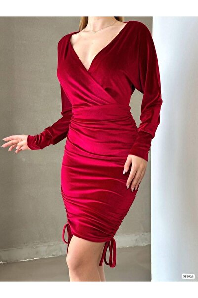 Modafeminen Drapeli Double Breasted Collar Mini Length Velvet Fabric Evening Dress 581933 Red