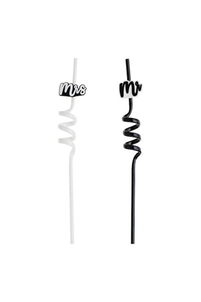 ANTBRO Set 2 reusable twisted plastic straws Antbro®, for party/wedding, model Mr & Mrs, White/Black, 6x27