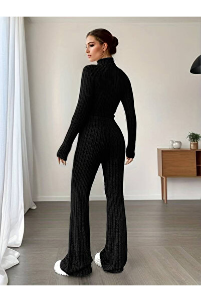 buğrahayalin Women's Long Sleeve Turtleneck Crop and Trousers Hooded Camisole Double Set