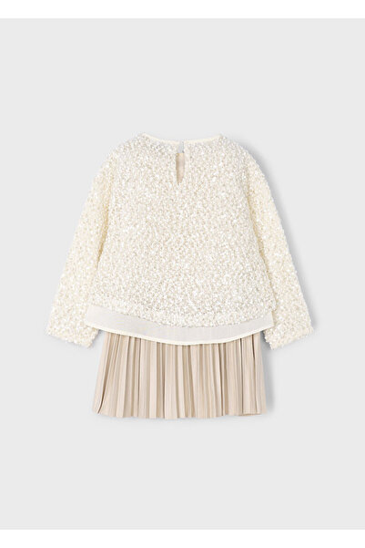 MAYORAL Girl's Suspender Dress and Sweater Set (4-10 Years) – Beige Pleated Dress, Sequined Sweater