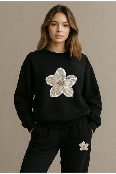 FUFLUNS طقم بدلة رياضية بطبعة زهور للجنسين بياقة دائرية وقصة فضفاضة