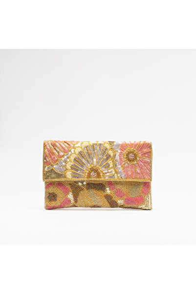 crystalicious حقيبة رينيه كلاتش بنية اللون مصنوعة يدويًا من الخرز الذهبي، أني...