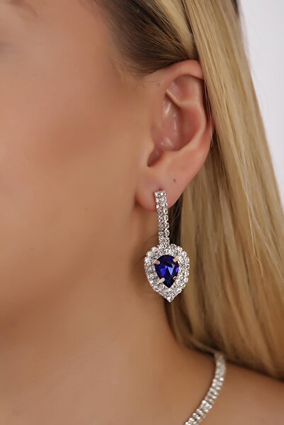 BİJUTERRİ Waterway Blue Drop Stone Earrings Bride Women Special Day Accessory...