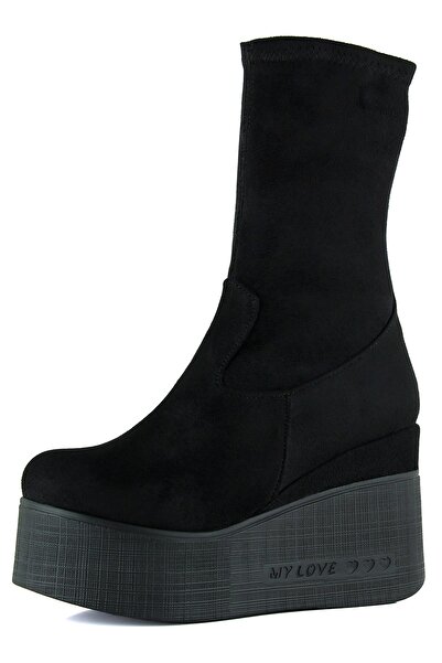 Erkan Saçmacı Yuki Siyah Süet Streç Kürk Astarlı Fermuarlı Yuvarlak Burun Gizli Dolgu Topuklu Bot