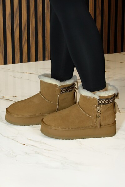 Erkan Saçmacı Camel Süet Fermuarlı Kürk Astarlı Yuvarlak Burun Günlük Bot