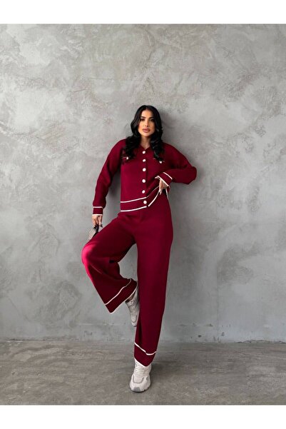 VAJESTO Set de tricotaje din 2 piese pentru femei, cu detaliu în dungi bordeaux, guler polo, cardigan subțire, pantaloni, cu șireturi la talie