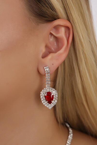BİJUTERRİ Waterway Red Drop Stone Earrings Bride Women Special Day Accessory ...