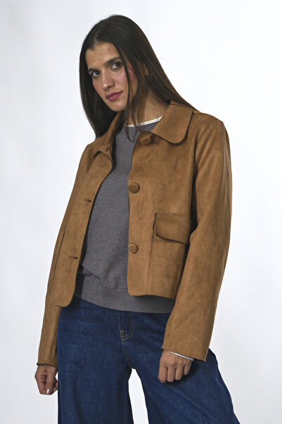 ABBRA Kadın Vegan Süet Kaplama Düğmeli Cepli Ceket