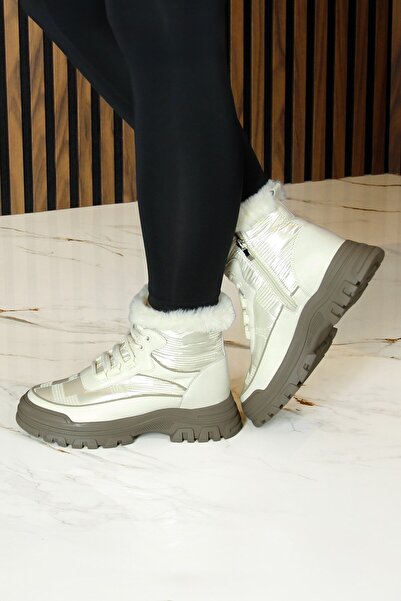 Erkan Saçmacı Cizme casual bej vegane cu șireturi, cu fermoar, căptușite cu blană, cu vârf rotund