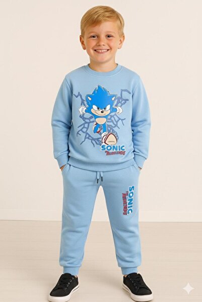 LİTTLE TORTOİSE Boy's Sonic Printed Long Sleeve 3 Thread Winter Sweat / Tracksuit Set and T-Shirt 3-Piece Combination