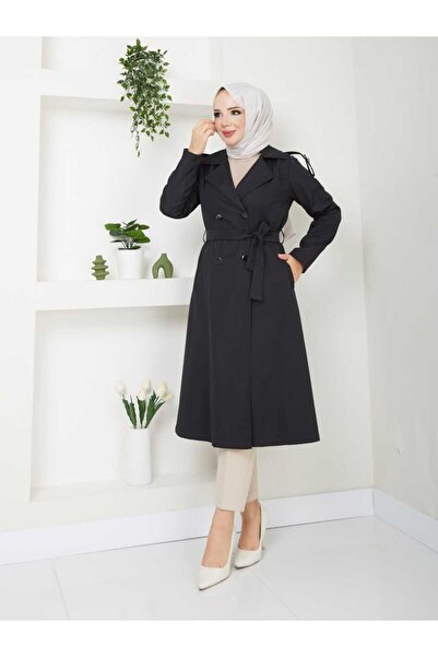 madoy Siyah Trençkot – Klasik ve Zamansız Tasarım
