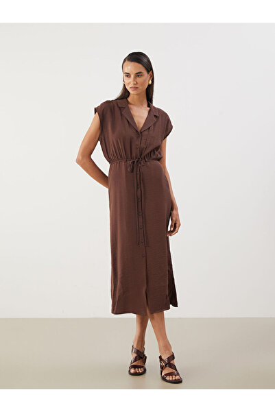 LC Waikiki Brown Belted Smocked Shirt Dress