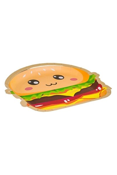 ANTBRO Set 6 Farfurii Carton Petrecere Vara Antbro®, 23 cm, Model Burger 3D Colorat cu Detalii Folie Aurie