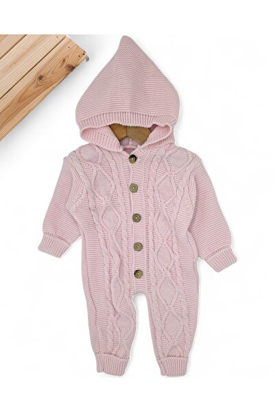 voyyo kids baby Hooded Buttoned Winter Knit Jumpsuit, 3-6-9-12 Months Knit Jumpsuit