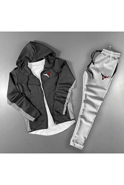 ByFourMan Унісекс-комплект із сіро-чорного скуба з принтом бика, на блискавці та з високим коміром