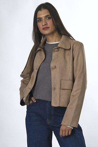 ABBRA Kadın Vegan Süet Kaplama Düğmeli Cepli Ceket