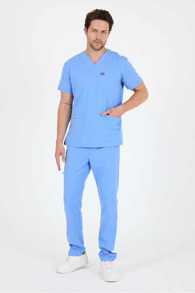 MAZEY UNİFORM زي طبي أزرق ثلجي من الفيسكون والليكرا بياقة على شكل V وأكمام وه...